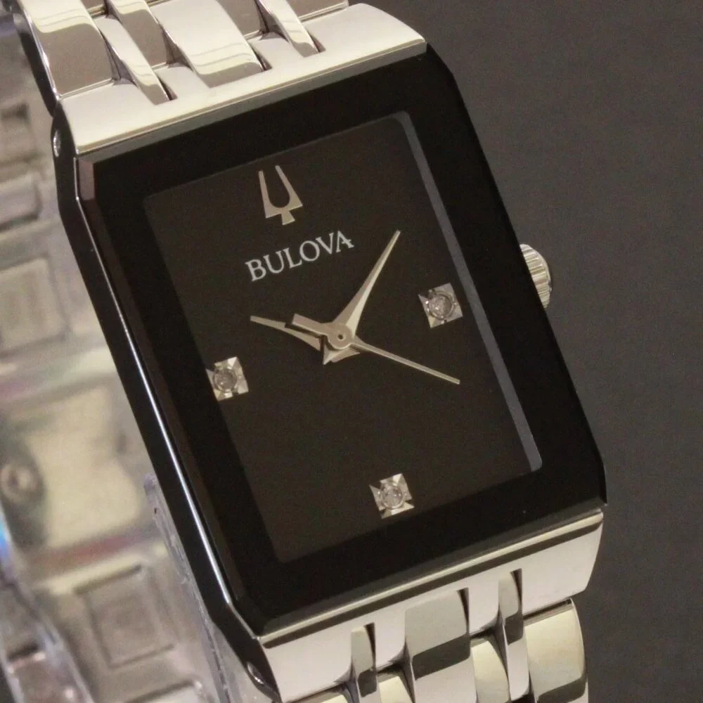 Bulova Ladies Quadra Watch Diamond Indices Black Dial Stainless 20mm